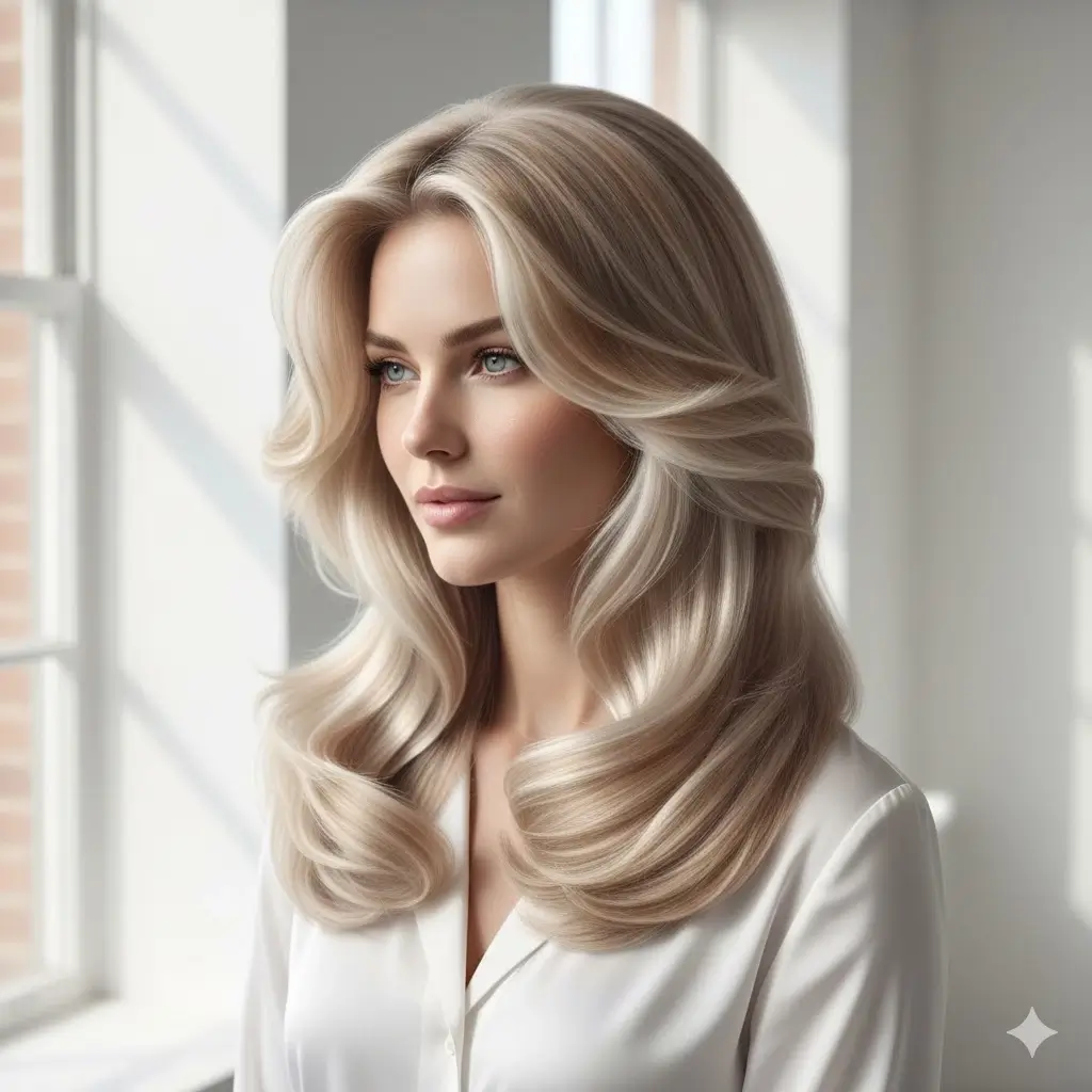 Big bouncy glossy blowout with modern glass-like shine on long platinum-honey blonde hair, expensive salon finish 2025
