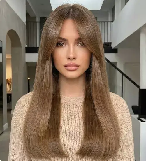 Model with Mid-back glossy liquid waves and XL curtain bangs