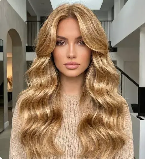 Long blonde hair with glossy liquid texture waves