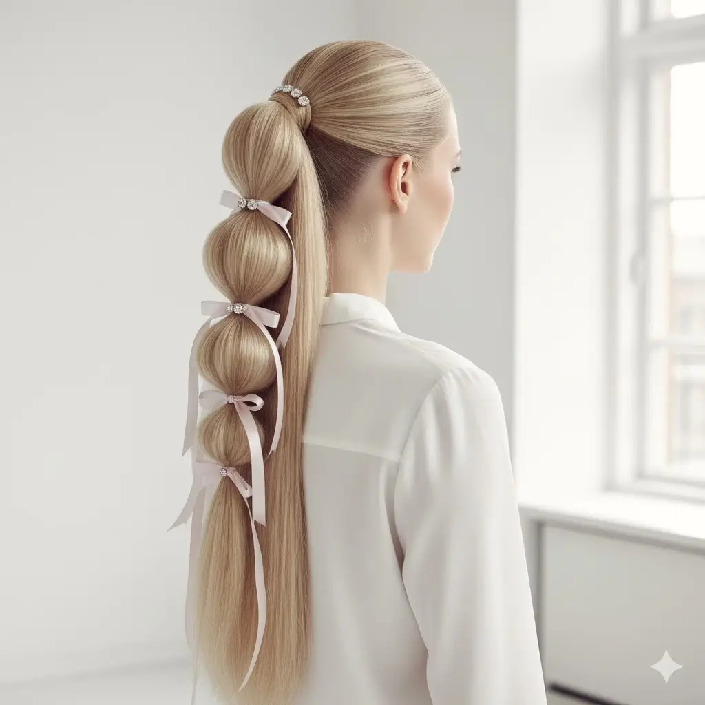 Extra-long bubble ponytail with crystal accessories