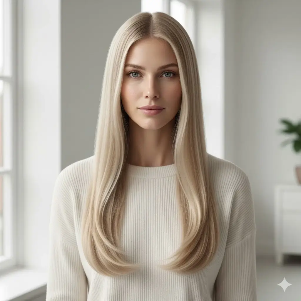 Seamless invisible layers long blonde hair – zero visible steps, glossy waist-length straight hairstyle