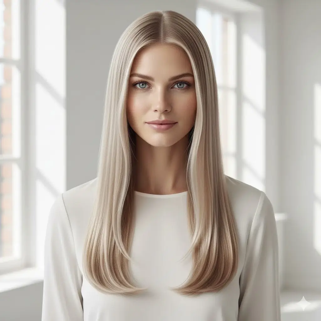 Ultra-fine light-catching ribbon highlights on waist-length Scandinavian blonde hair that shimmer with movement, seamless platinum and honey tones