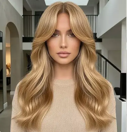 Extra-long curtain bangs melting into long layers