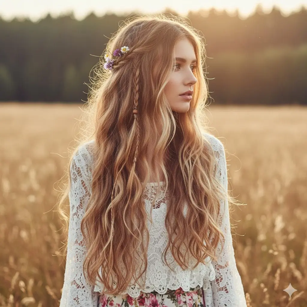 Photorealistic portrait of a woman with long, natural Boho ripple waves, featuring textured, Z-shaped curls and braided elements with flowers, set in a sunny field at sunset