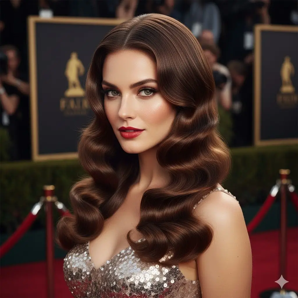Photorealistic portrait of a woman with glamorous Hollywood waves, featuring long, glossy, and perfectly uniform S-shape curls