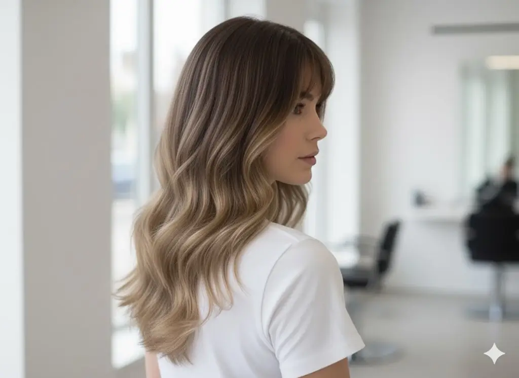 Inspirational image of an elegant long wavy V-cut hairstyle, perfect for adding movement and shape to long hair