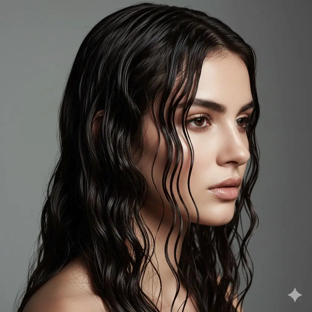 Close-up portrait of a woman with a high-shine Wet Wavy Look hairstyle, featuring glossy, defined, and clumped waves for a sleek and edgy editorial aesthetic
