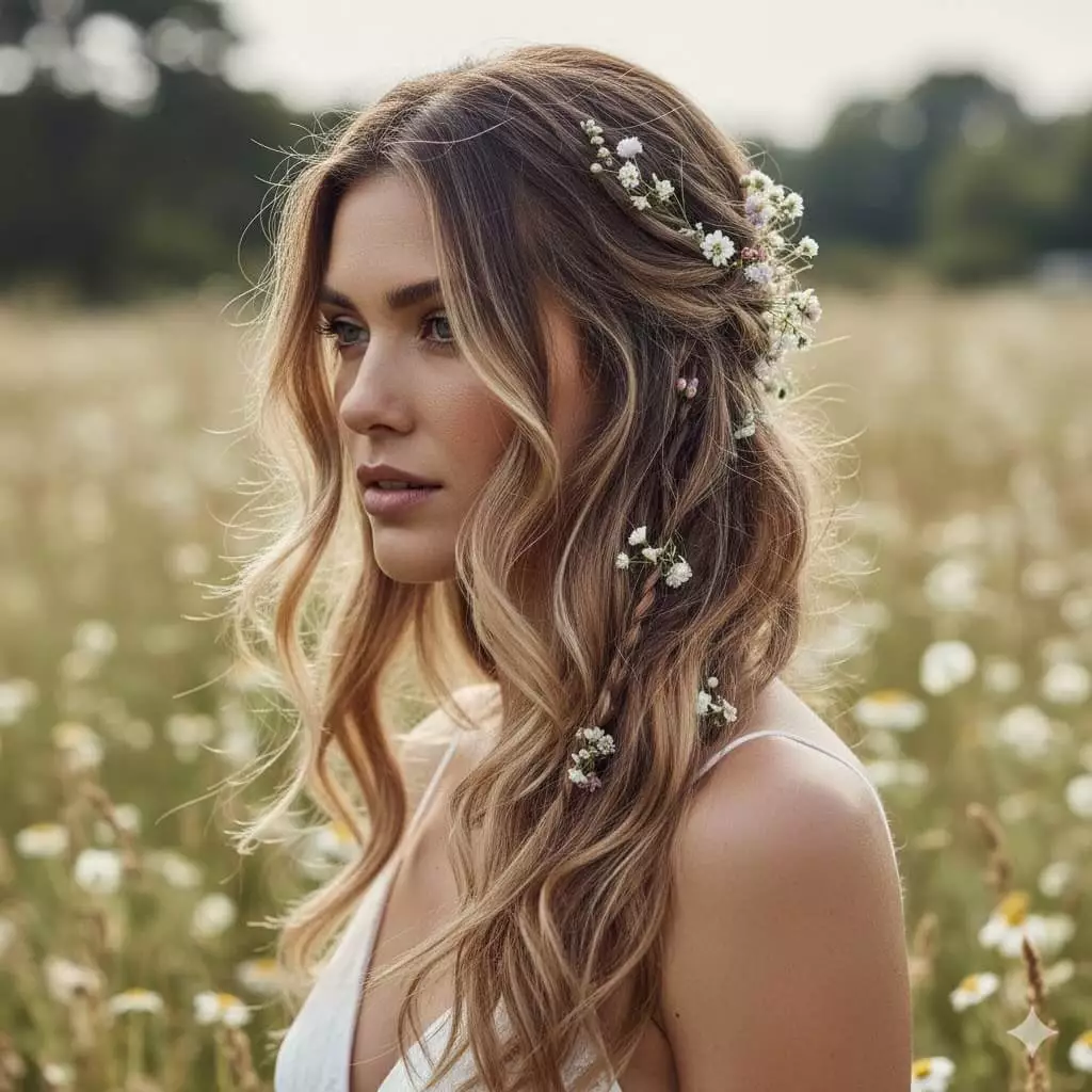 Bride with boho wedding hairstyle, loose waves with small braids, adorned with fresh flowers, natural sunlight
