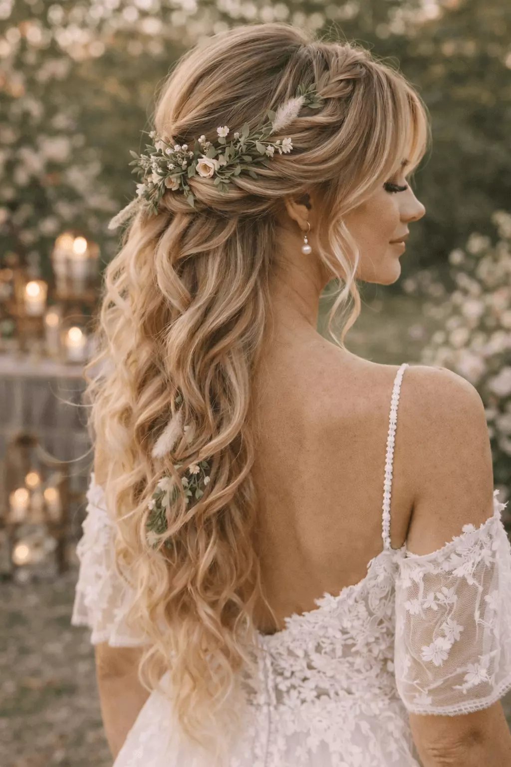 Alt Prompt: Bride with long half-up boho hairstyle, loose curls flowing down, fresh greenery and feathers, soft garden lighting