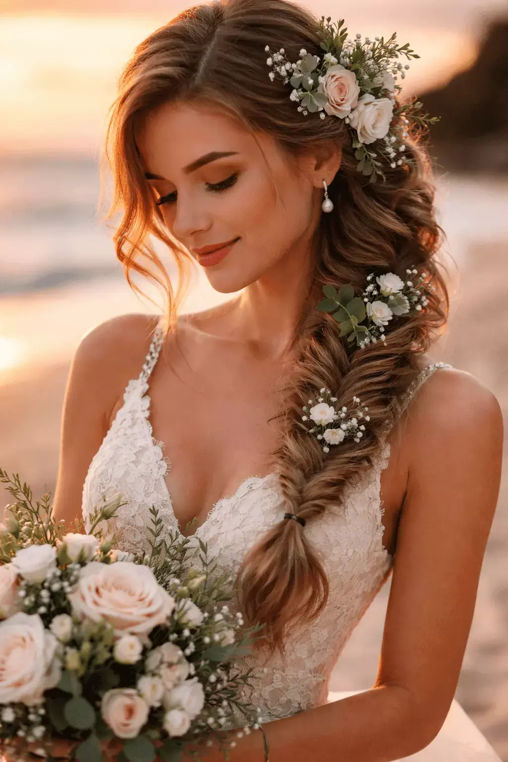 Alt Prompt: Bride with side-swept boho braid, fresh flowers and greenery accents, soft sunset beach lighting