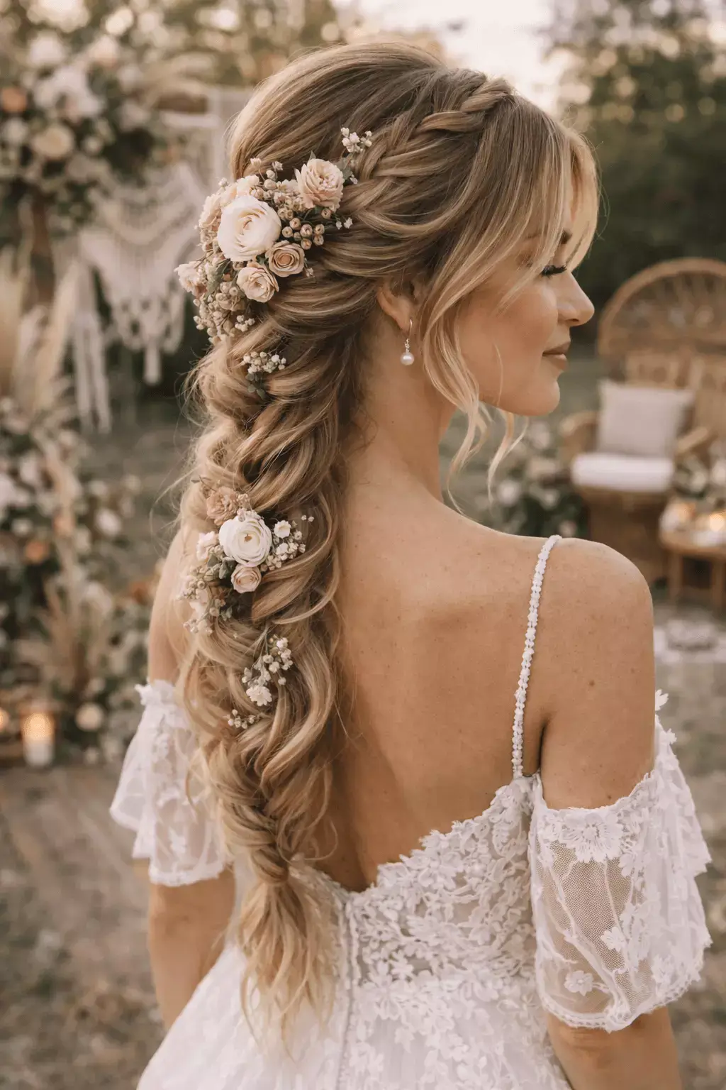 Alt: Bride with loose boho side braid, face-framing tendrils, fresh flowers woven, outdoor boho wedding, vertical mobile crop, 2026 bridal trend