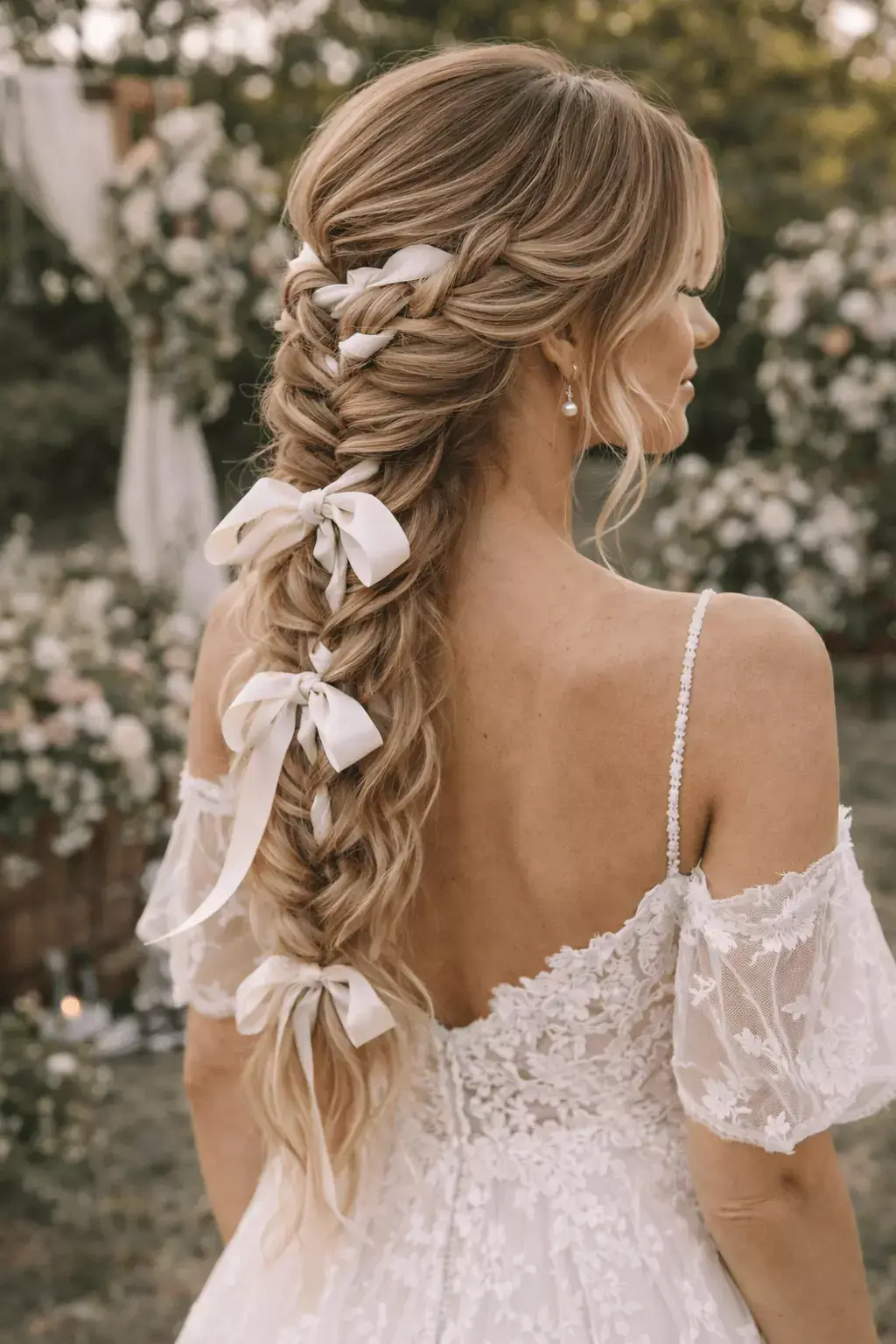 Alt: Low bohemian braid with soft undone texture, ribbons woven through, garden wedding, vertical mobile crop, 2026 bridal trend