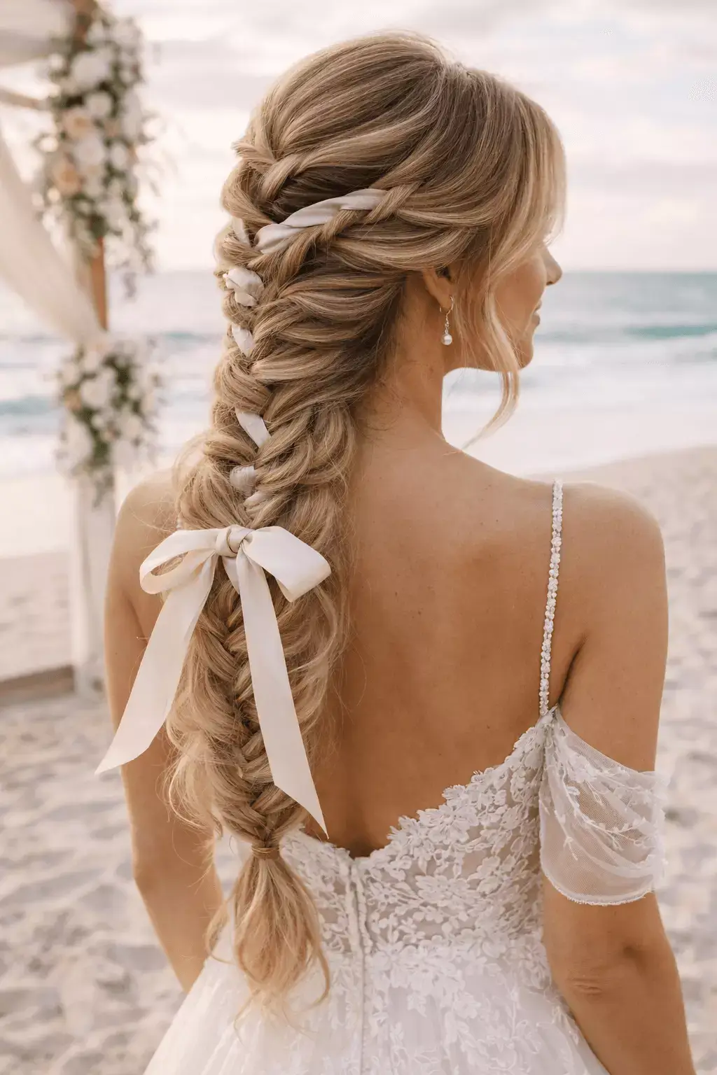 Alt: Bride with fishtail braid from crown with ribbon woven, soft volume at roots, beach wedding, vertical mobile crop, 2026 bridal trend
