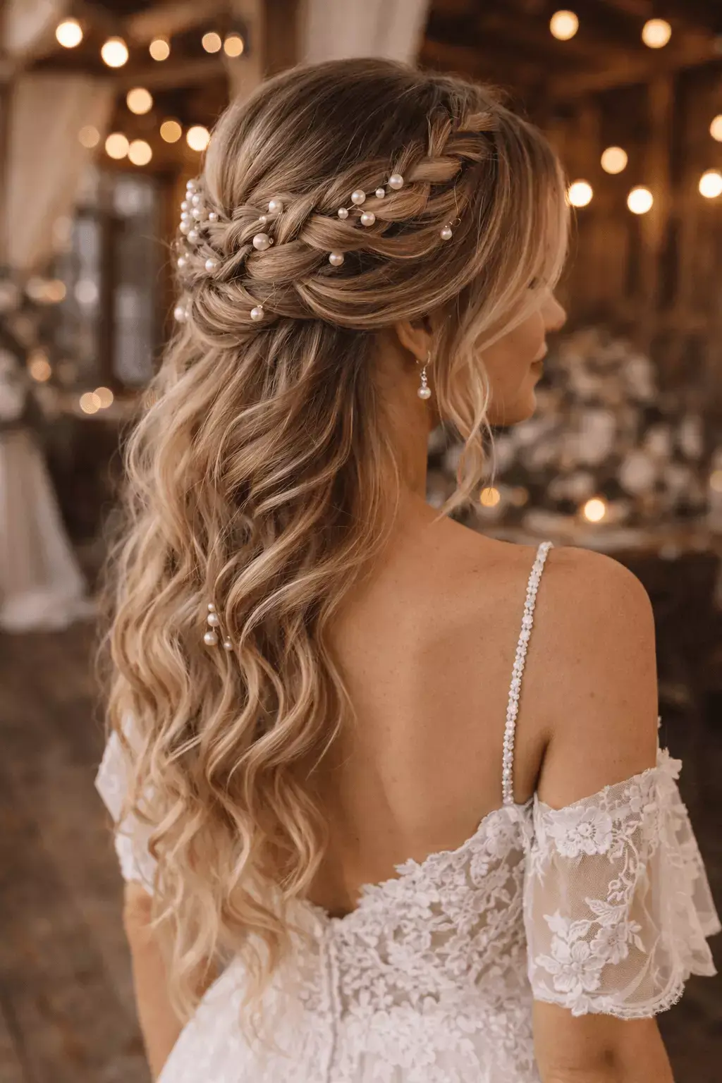 Alt: Bride with crown braid (halo braid), pearl pins, loose wavy ends, rustic indoor wedding, vertical mobile crop, 2026 bridal trend