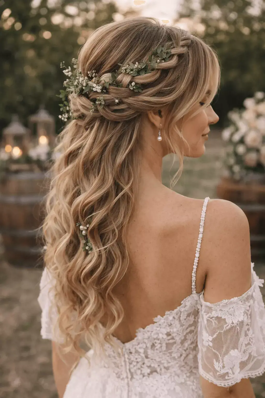 Alt: Side view of bridal crown braid with delicate greenery, loose soft waves, outdoor rustic wedding, vertical mobile crop, 2026 bridal trend