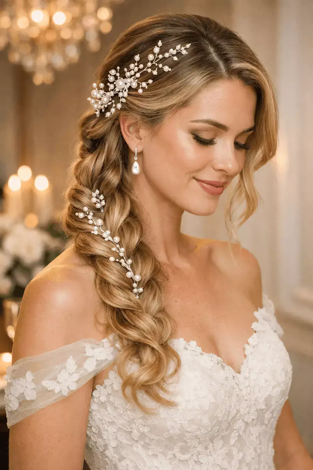 long hair wedding braid — side-swept loose fishtail braid with pearl vine hairpiece, soft face-framing curls, elegant bridal style