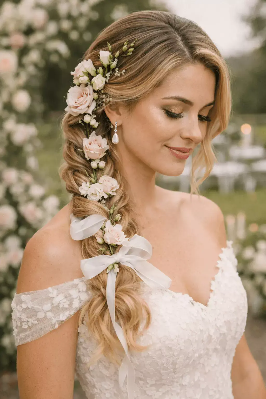 Alt: Side braid with ribbon and fresh flowers, outdoor wedding, soft waves at ends, vertical mobile crop, 2026 bridal trend