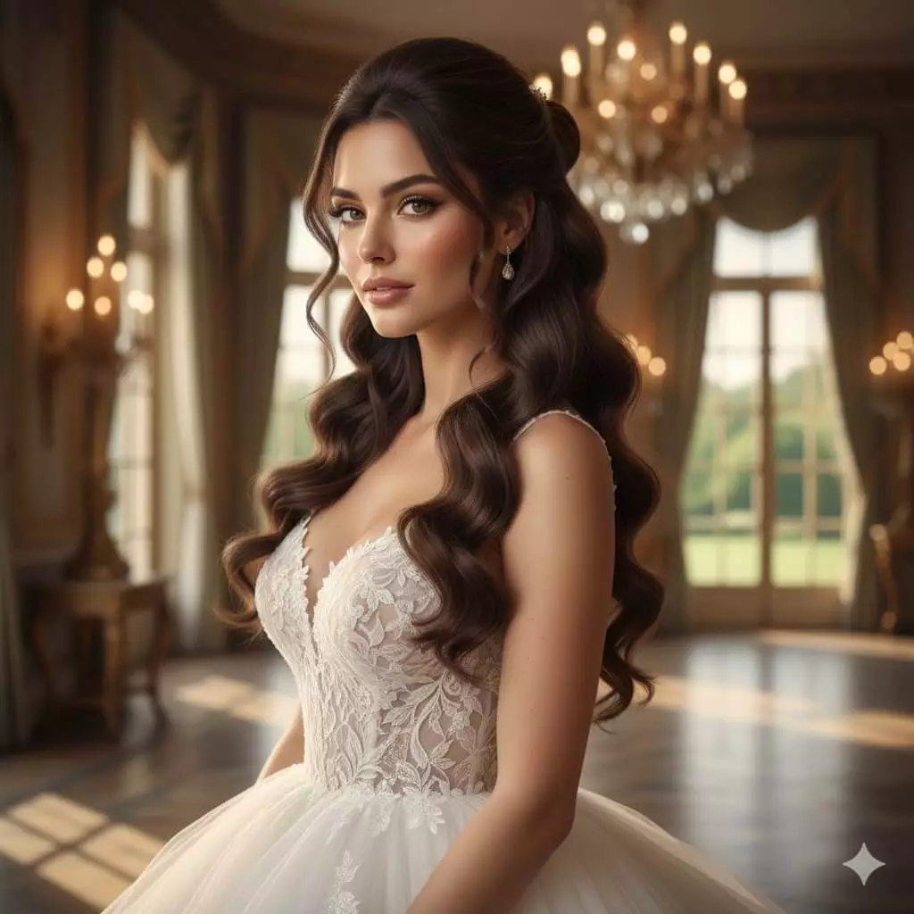 long hair wedding hair by dress — soft glam long curls with half-up volume, perfect for ball gown bridal dresses, polished shine