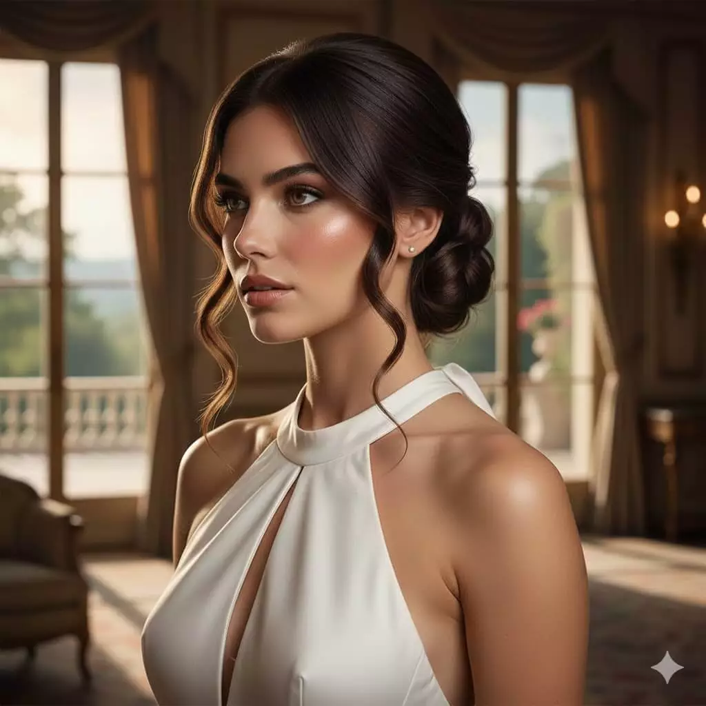 Alt: Bride with halter gown and side-swept curls long hair 2026, romantic low bun, vertical crop