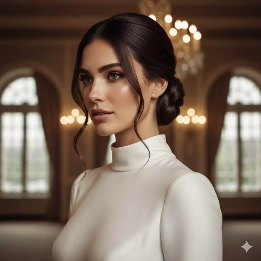 Alt: Bride with high-neck gown and sleek low knot updo long hair 2026, face-framing tendrils, vertical crop