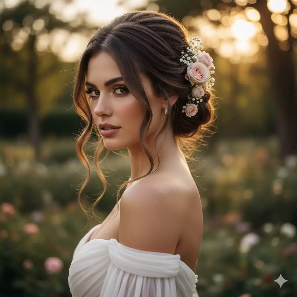 Alt: Bride with off-the-shoulder gown and textured low chignon long hair 2026, romantic tendrils, floral hair accessories, vertical crop