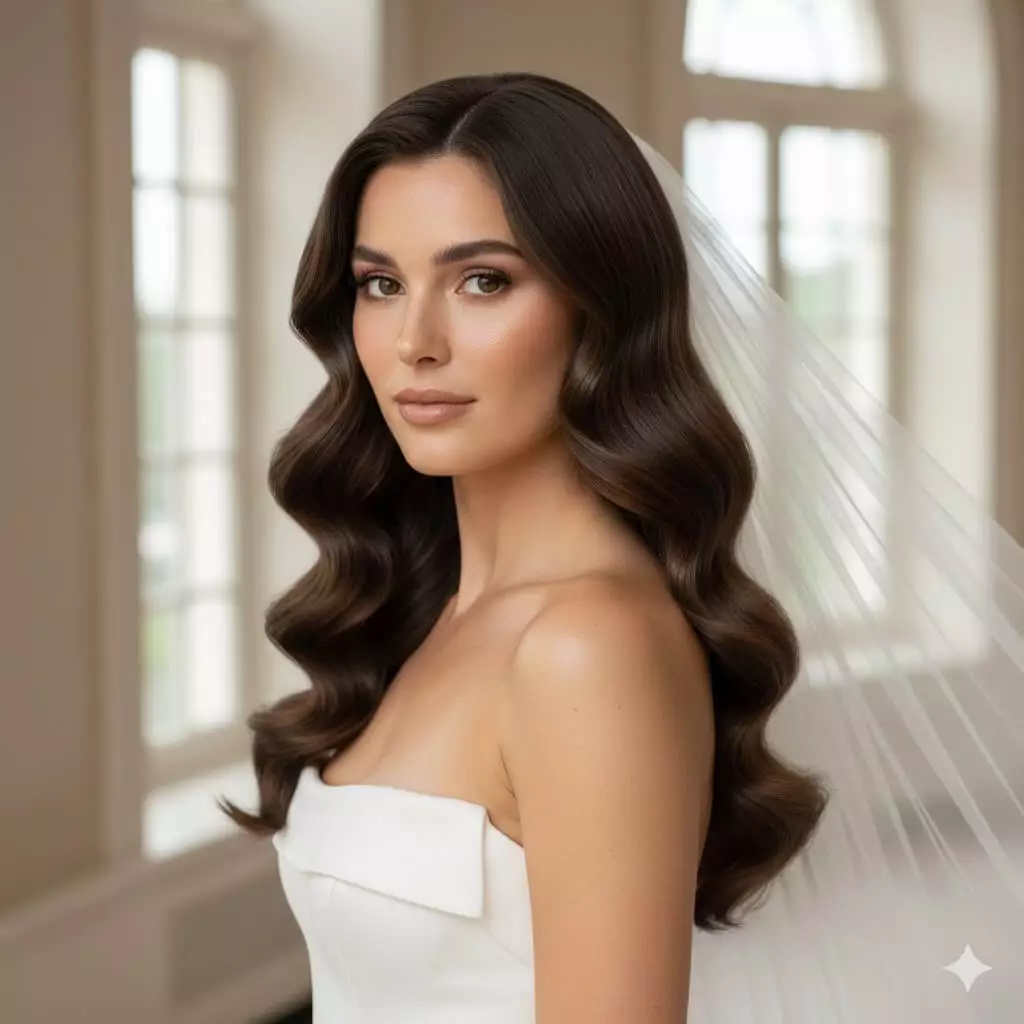 Alt: Bride with strapless gown and soft Hollywood waves long hair 2026, face-framing tendrils, elegant veil, vertical crop