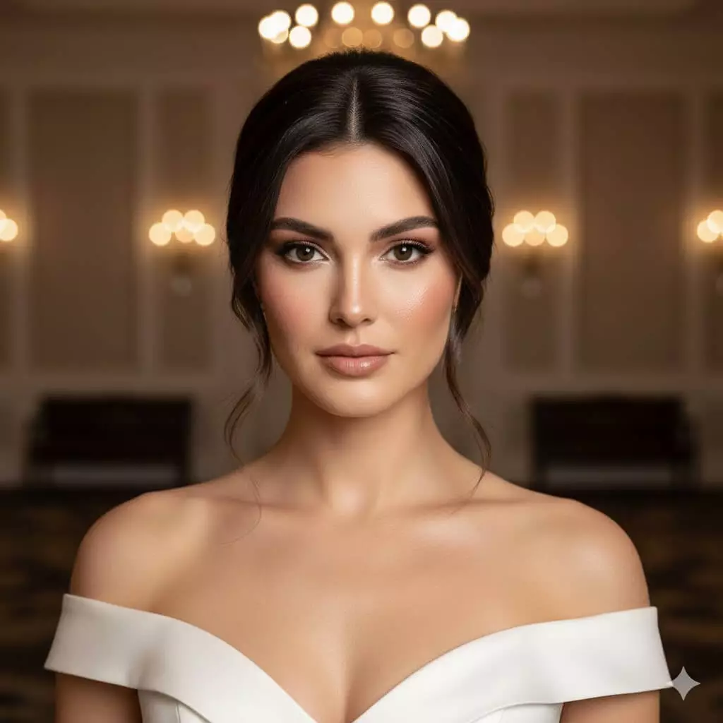 Alt: Diamond face bride with side-swept low chignon long hair 2026, front view, cheek-softening tendrils