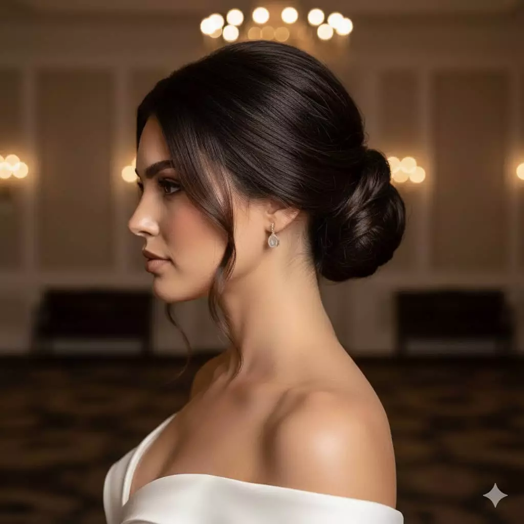 long hair wedding updo for oval face — sleek low chignon bun, gentle face-framing strand, timeless bridal styling