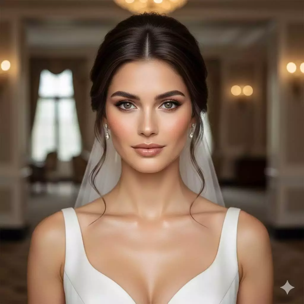 Alt: Heart face bride with soft textured low bun long hair 2026, front view, chin-framing tendrils