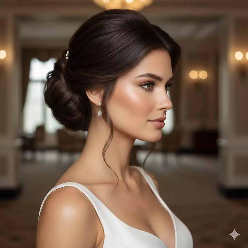 Alt: Heart face bride with soft textured low bun long hair 2026, side view, romantic garden venue, vertical crop