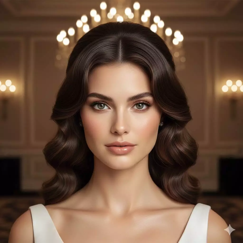 Alt: Oval face bride with soft Hollywood waves pinned up long hair 2026, front view, veil compatible, polished shine