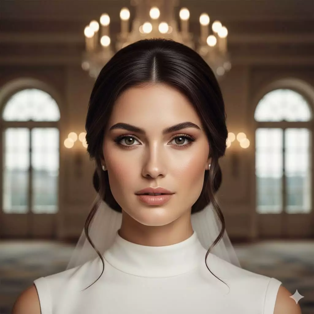 Alt: Oval face bride with glossy low chignon long hair 2026, front view, face-framing tendrils, pearl accents