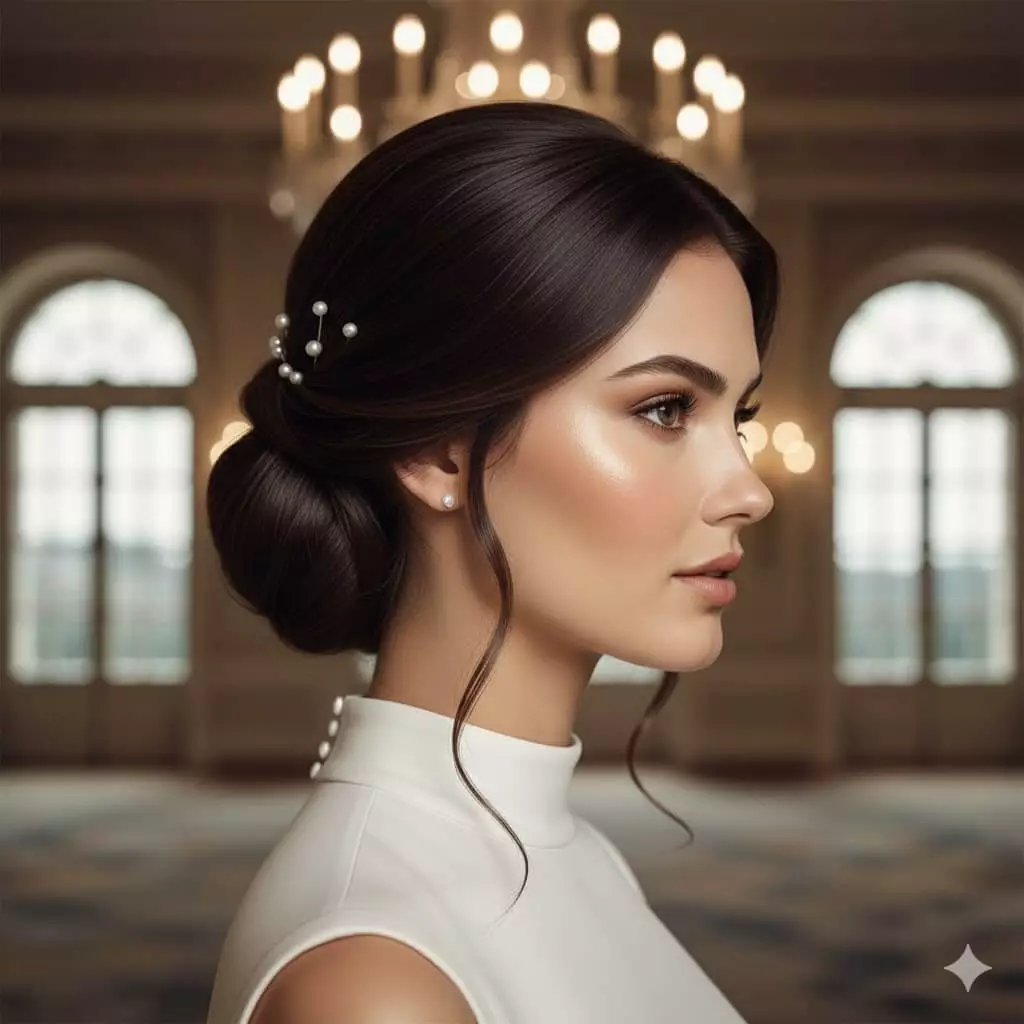 Alt: Oval face bride with glossy low chignon long hair 2026, side view, elegant updo, vertical crop