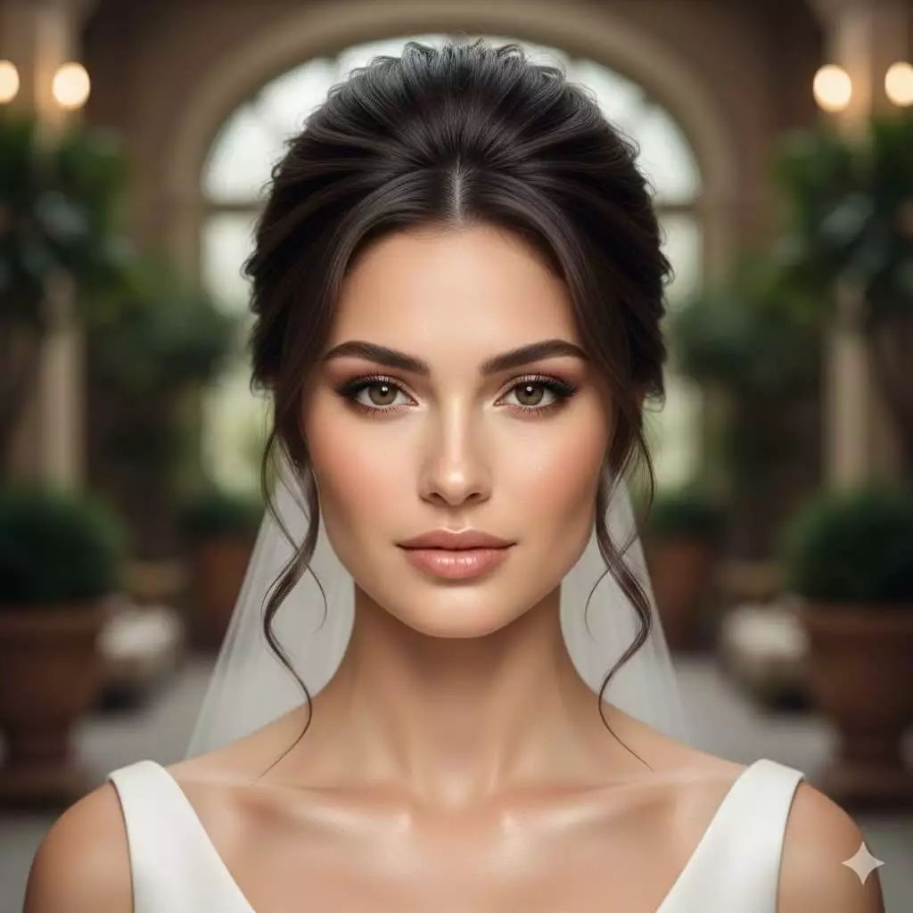 Alt: Round face bride with low chignon crown volume long hair 2026, front view, face-framing tendrils, humidity-proof