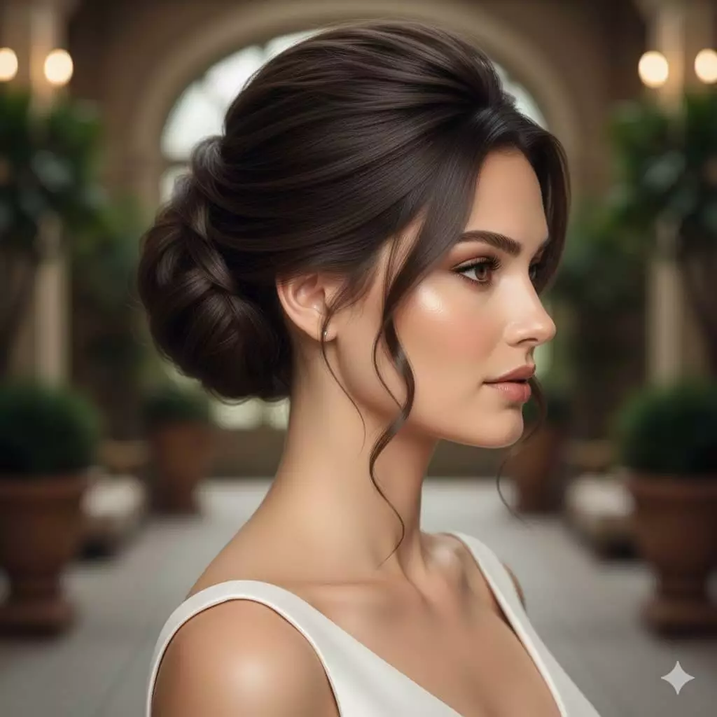 Alt: Round face bride with low chignon crown volume long hair 2026, side view, elegant wedding updo