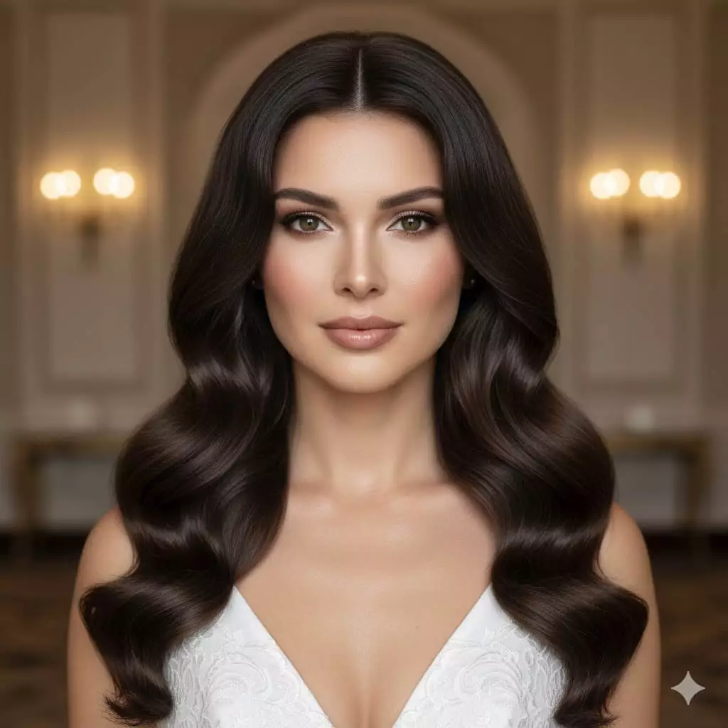 Alt: Square face bride with soft Hollywood waves long hair 2026, front view, face-framing tendrils