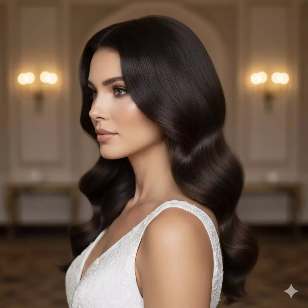 Alt: Square face bride with soft Hollywood waves long hair 2026, side view, elegant indoor setting