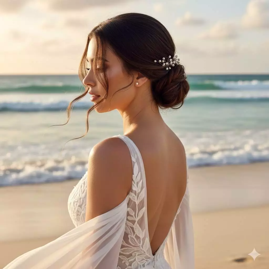 long hair beach wedding hairstyle — low chignon bun with soft face-framing tendrils, pearl hairpin, wind-ready bridal look