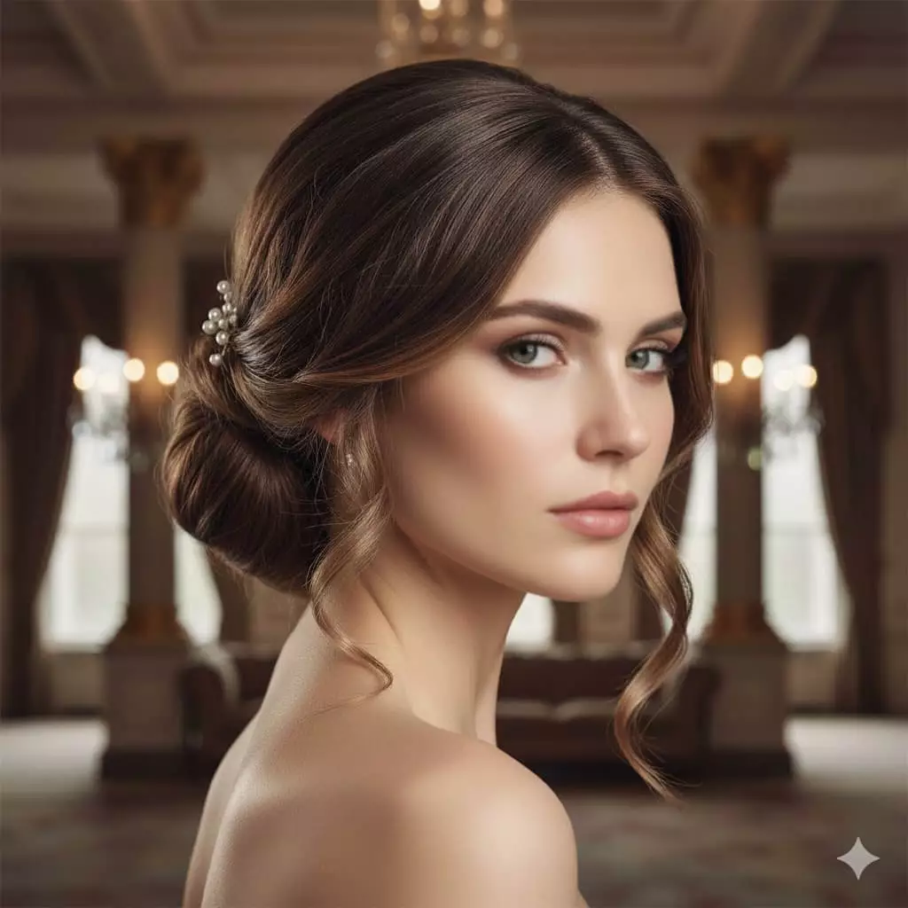 Bride in luxury ballroom with glossy low chignon long hair 2026, pearl accents, face-framing tendrils, formal indoor venue, vertical crop