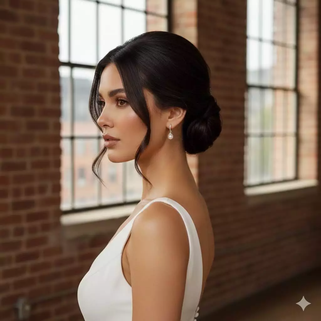 Alt: Modern minimalist wedding bride with sleek low knot updo long hair 2026, voluminous crown, urban loft venue, vertical crop