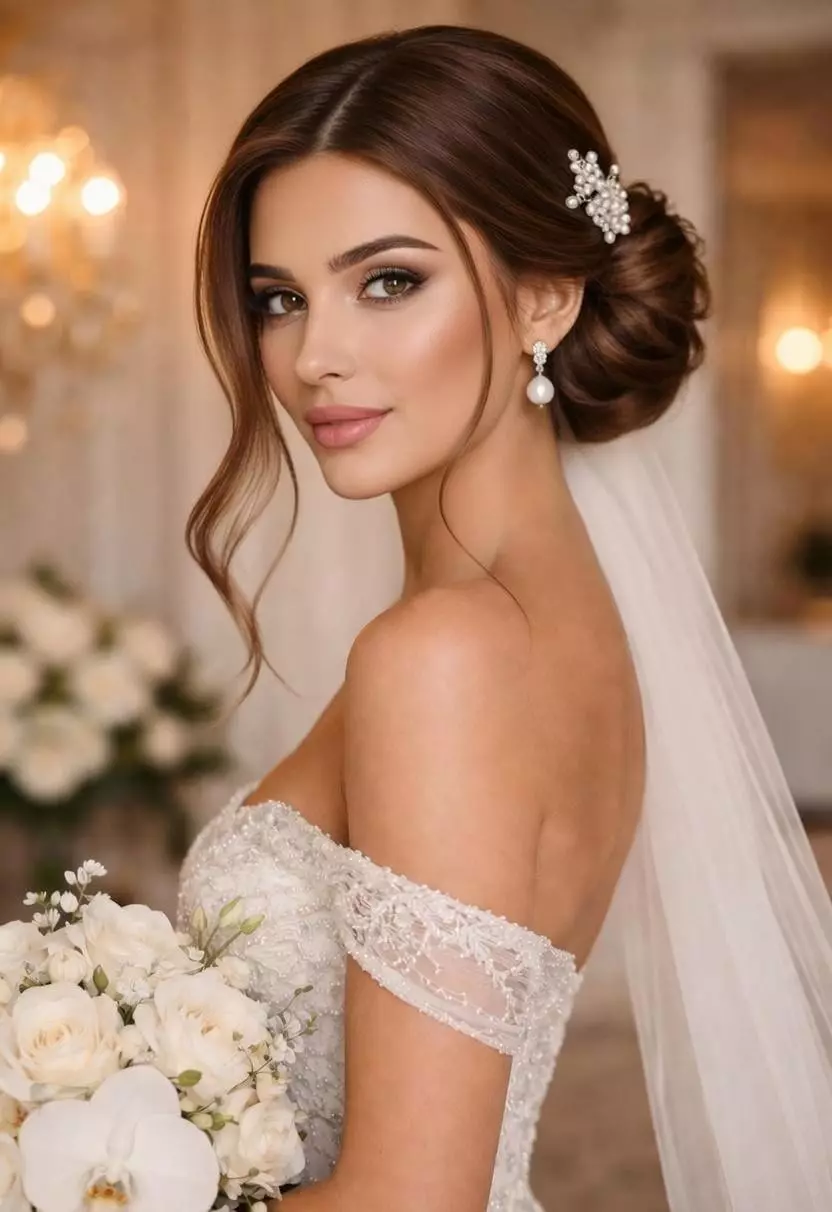 long hair elegant wedding hair — sleek low chignon bun with center part, pearl hair comb, veil-ready timeless bridal style