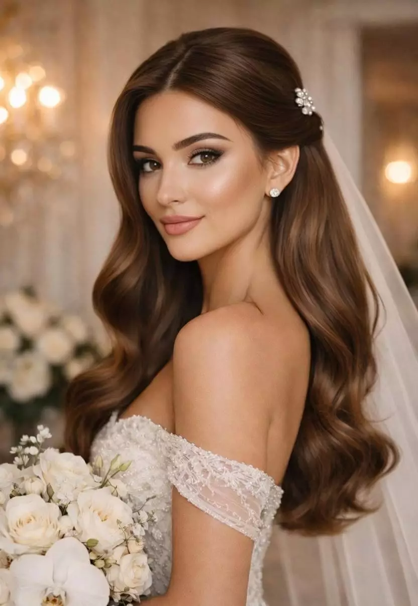 Alt: Bride with elegant half-up hairstyle, smooth waves, pearl accessory, indoor wedding, vertical mobile crop