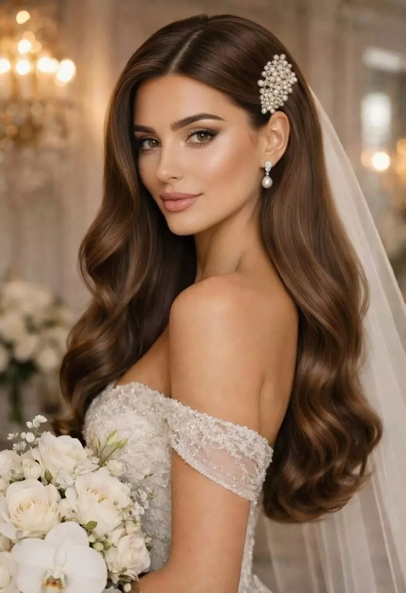 Alt: Bride with soft structured long hair waves, side part, pearl comb accessory, elegant indoor setting, vertical mobile crop