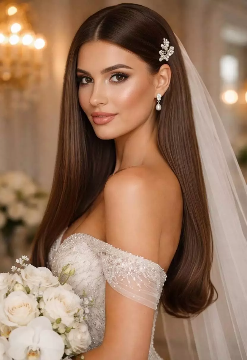 Alt: Bride with sleek straight long hair, glossy finish, subtle pearl hairpin, indoor luxury wedding, vertical mobile crop