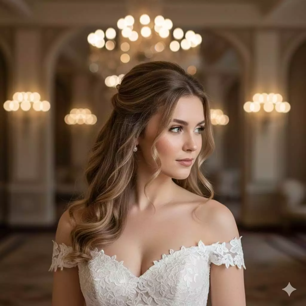 Bride matching long hair hairstyle with dress neckline, soft half-up curls, elegant ballroom gown, vertical mobile crop