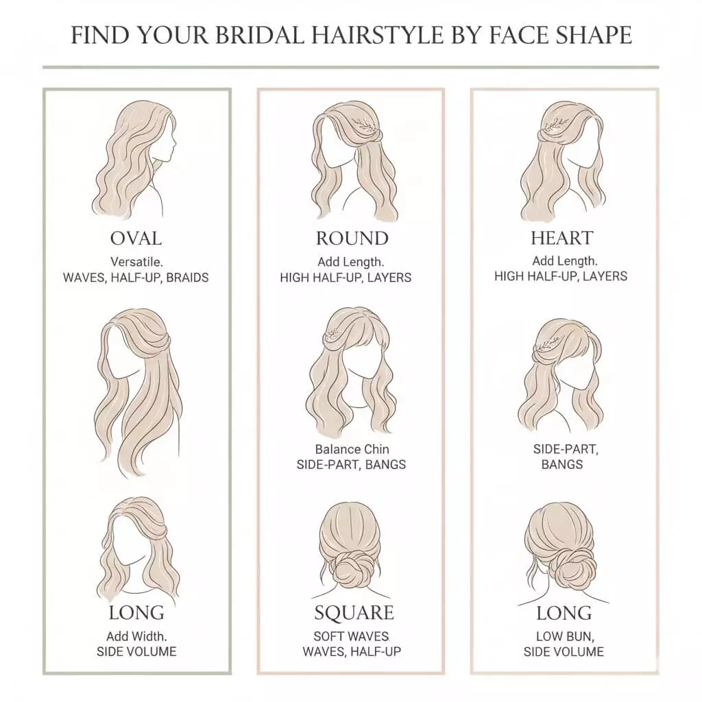 Alt: Bridal face shape guide for long hair, oval, round, heart, square, with hairstyle suggestions and side-profile illustrations, vertical mobile crop