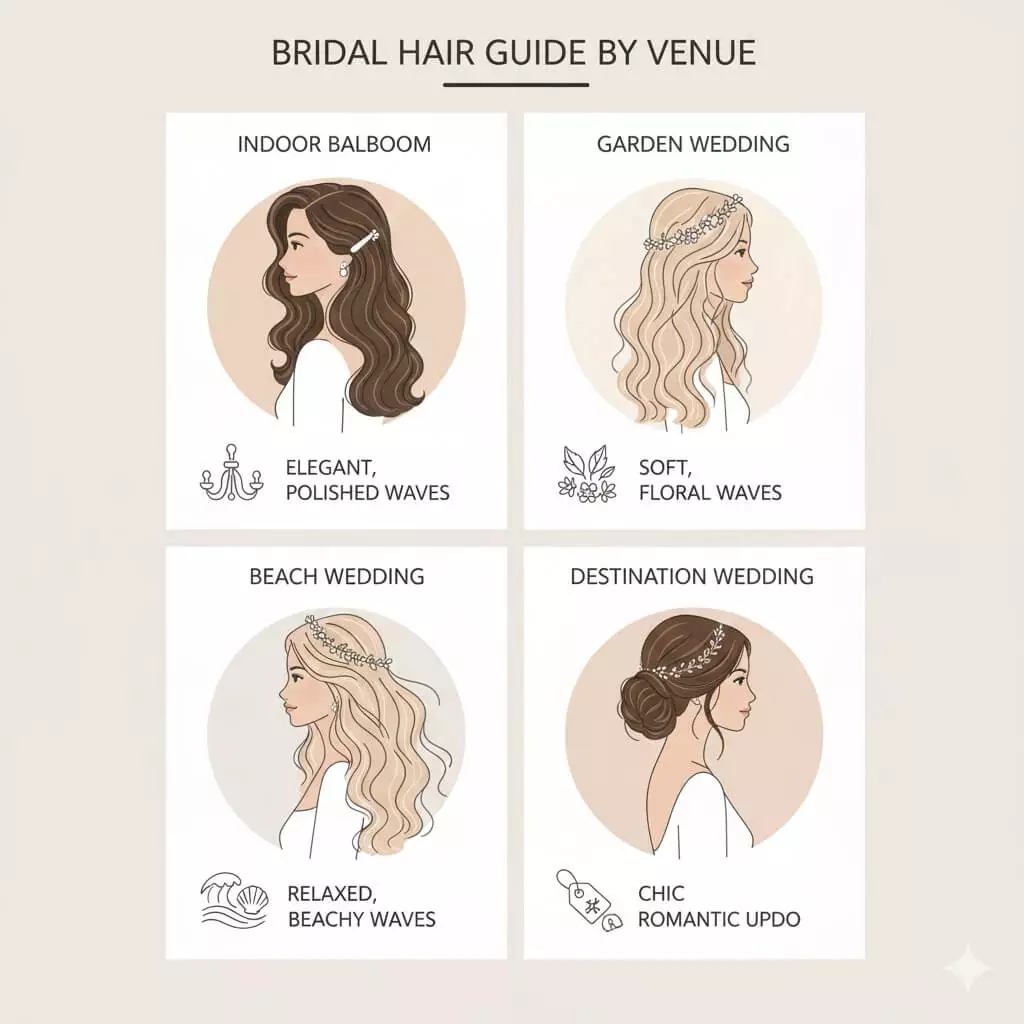 Alt: Bridal hair guide by venue, indoor, garden, beach, destination, long hair styles preview, vertical mobile crop