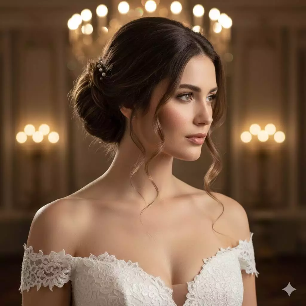 Bride matching long hair hairstyle with dress neckline, soft half-up curls, elegant ballroom gown, vertical mobile crop