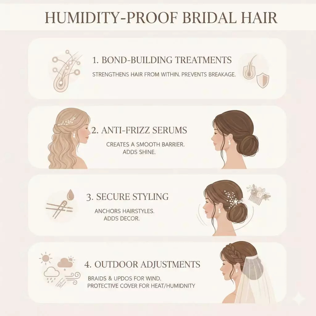 Infographic of humidity-proof bridal hair techniques, bond-building treatments, anti-frizz serum, pins, outdoor conditions, vertical mobile crop