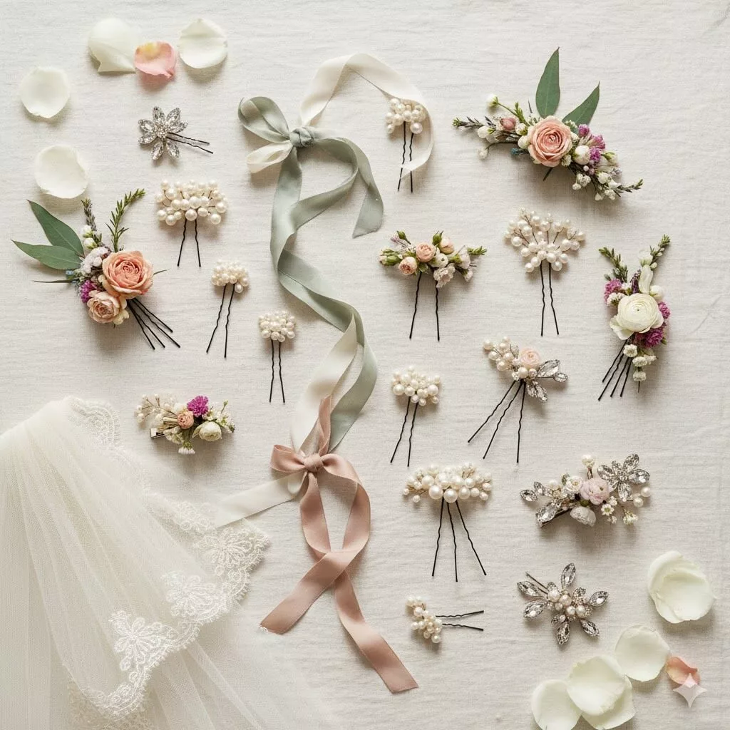 Alt: Collection of half-up bridal hair accessories including pearl pins, ribbons, floral clips, and delicate veils, vertical mobile crop